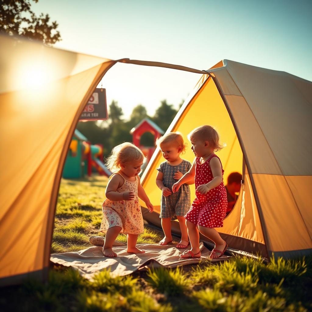 Barn som leker vid ett familjetält på en svensk campingplats i eftermiddagsljus.