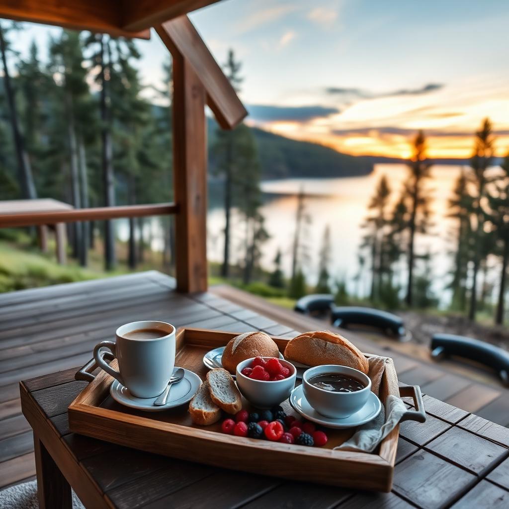 Frukostbricka på verandan vid ett svenskt naturboende i soluppgång, en bild som förmedlar känslan före bokning.