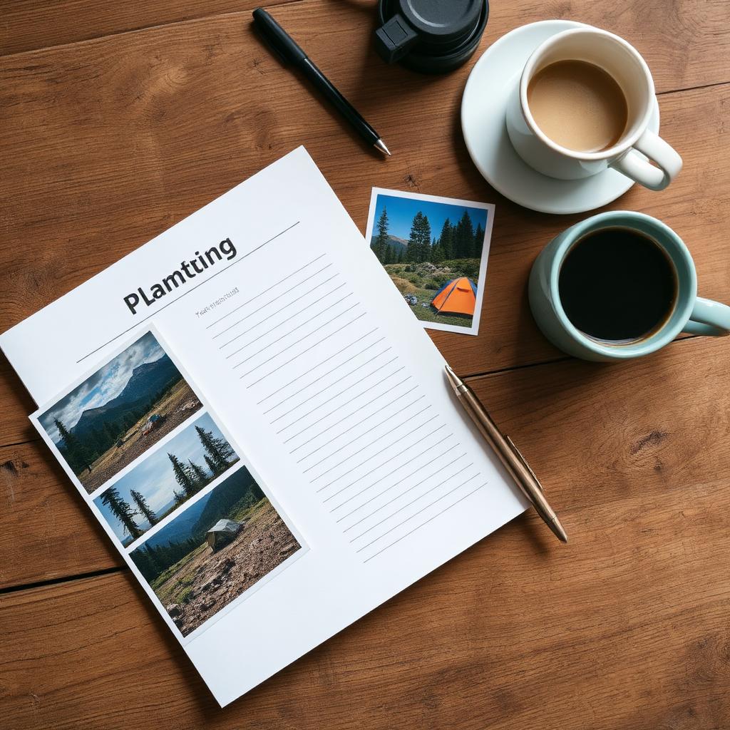 Innehållsplanering med anteckningsblock, foton och kaffe på ett träbord, planera camping-content året om.