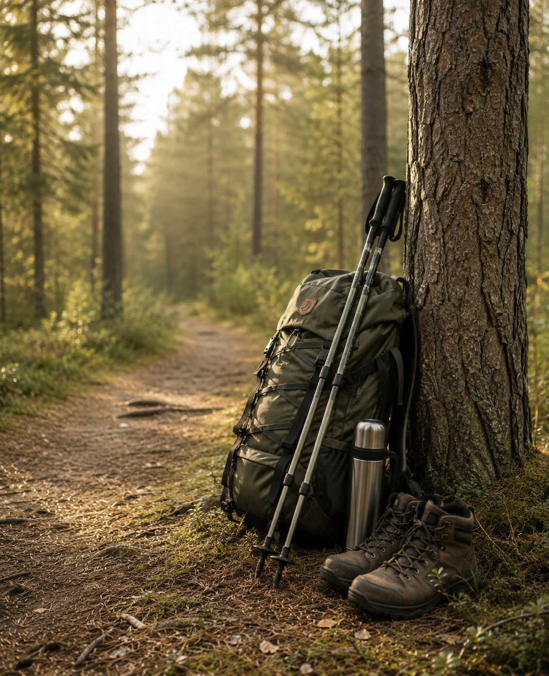 En packad ryggsäck i skogen, camping utan att köpa allt själv