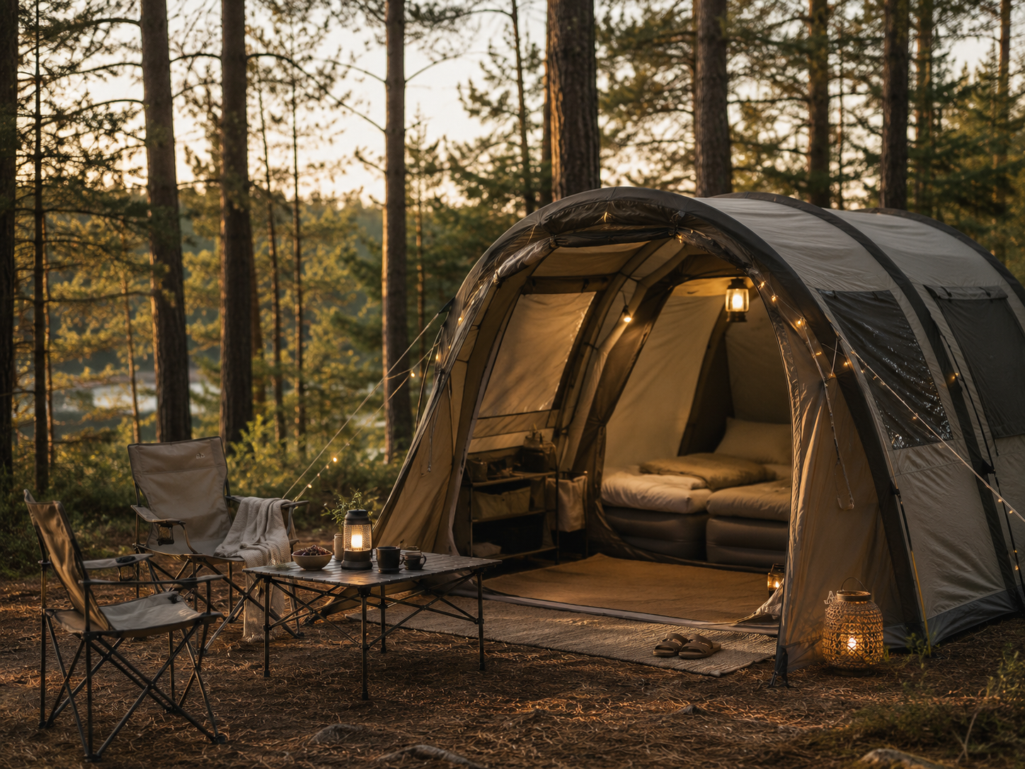Färdigt campingkit i skogen med tält, matta, lyktor, stolar och bord i kvällsljus