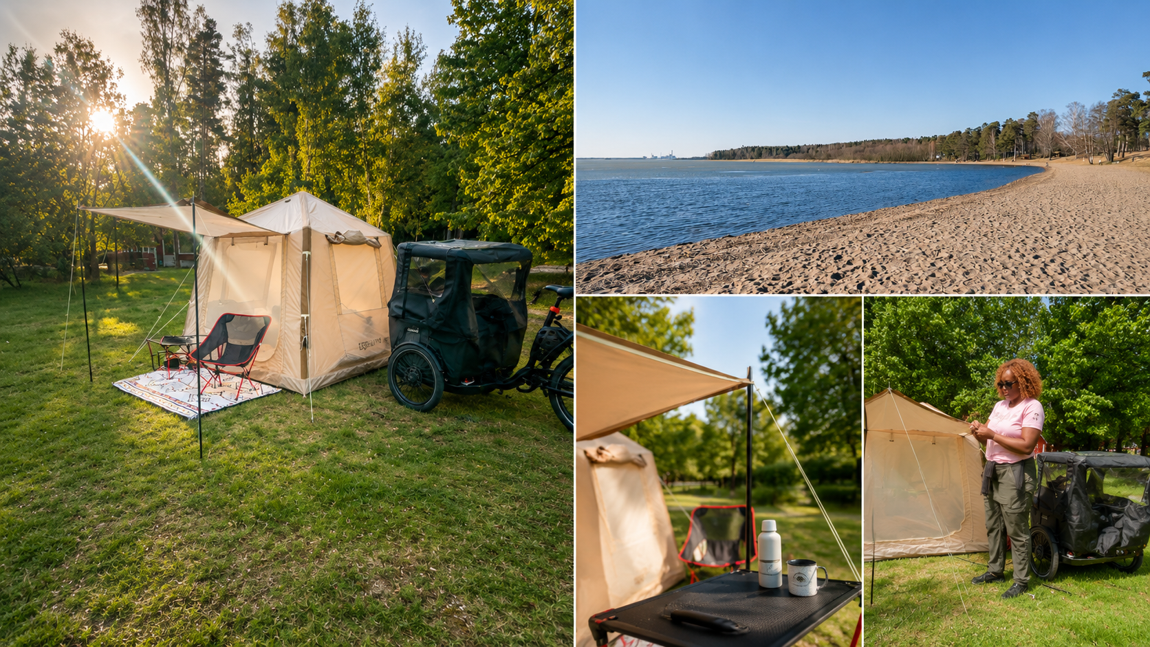 Solocamping på Björnö Camping i maj: tält uppsatt bredvid en EcoRide Loader lastcykel, långgrund sandstrand vid Mälaren, kaffekopp och termos utanför tältet, och kvällsstund vid vattnet.