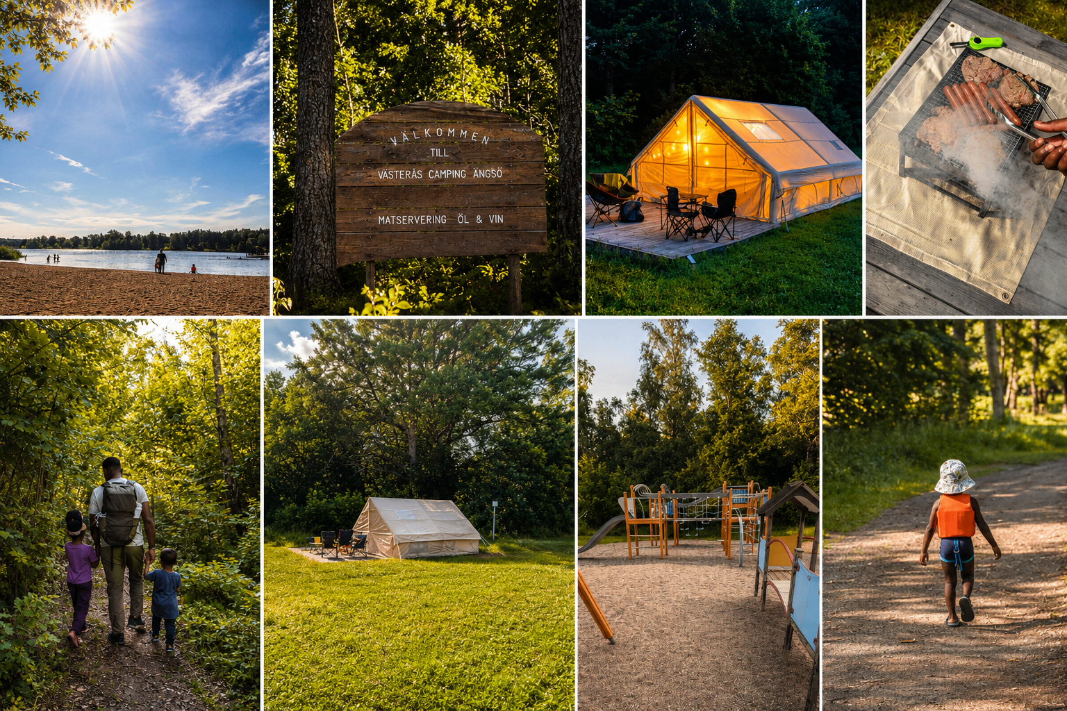 Familjecamping på Ängsö Camping vid Mälaren: strand, välkomstskylt, uppblåsbart familjetält i kvällsljus, grillning, promenad i skogen, lekpark och barn på väg mot badet.