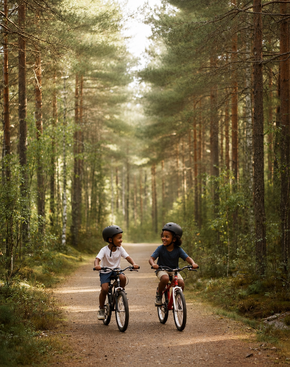 Cyklister på en skogsstig, camping utan bil