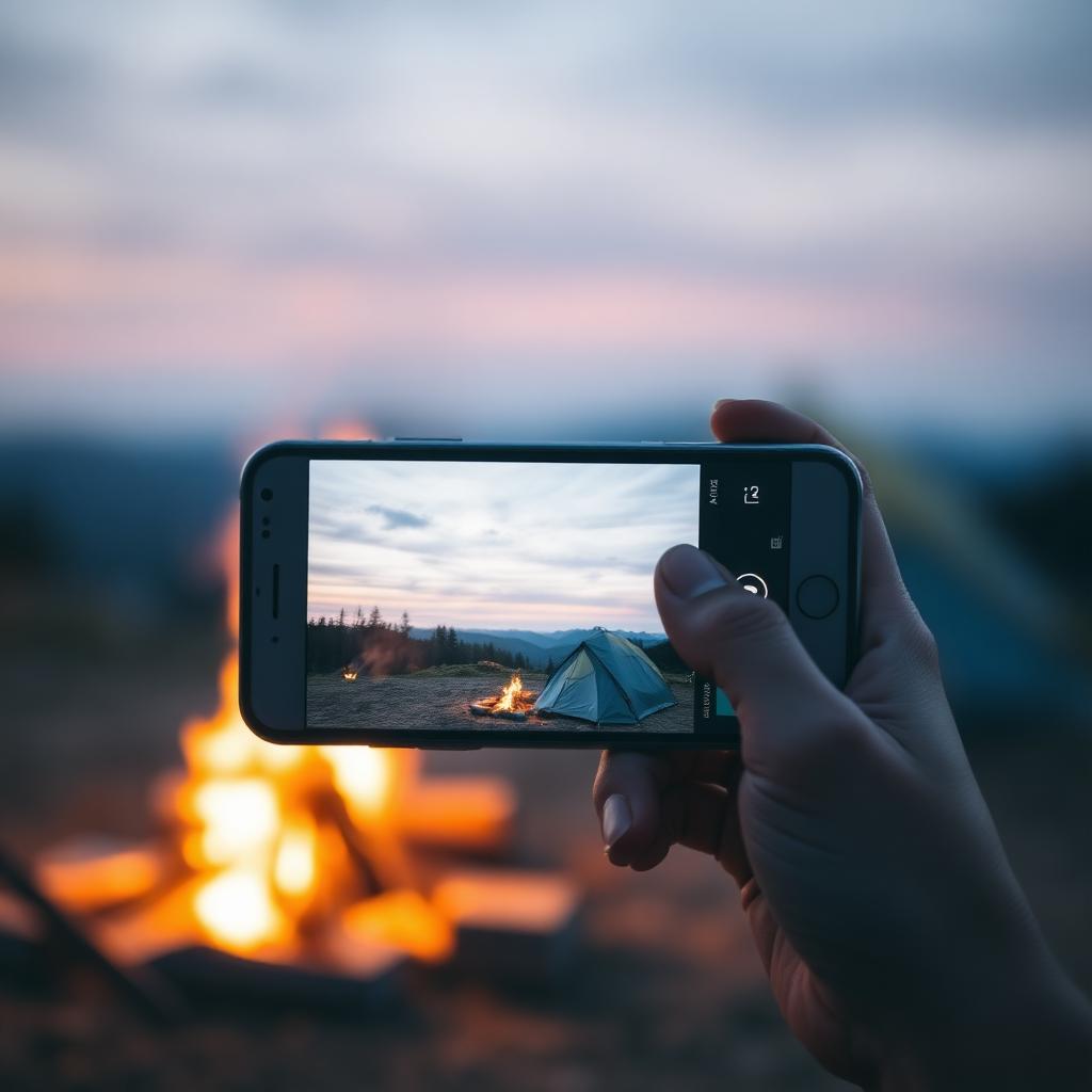 Hand som fotograferar tält och lägereld med mobil i skymning, innehåll för sociala medier.