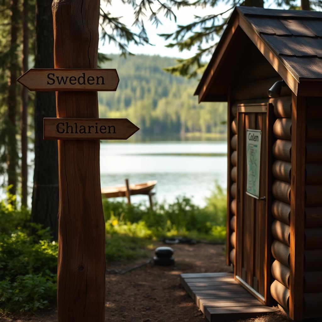 Liten skogsstuga vid en svensk sjö med handmålad skylt, lokal SEO för besöksmål.