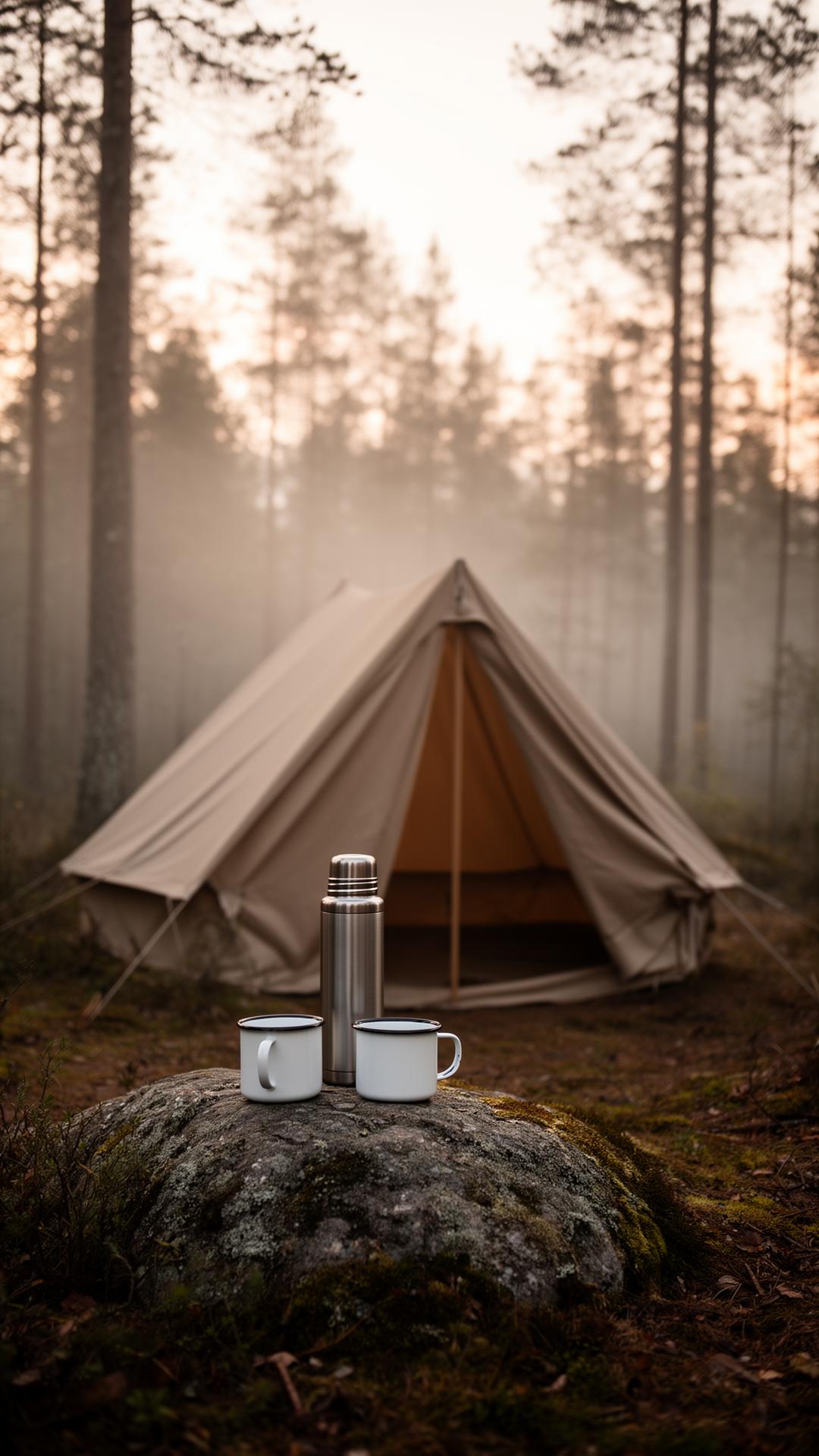 Tält och morgondimma